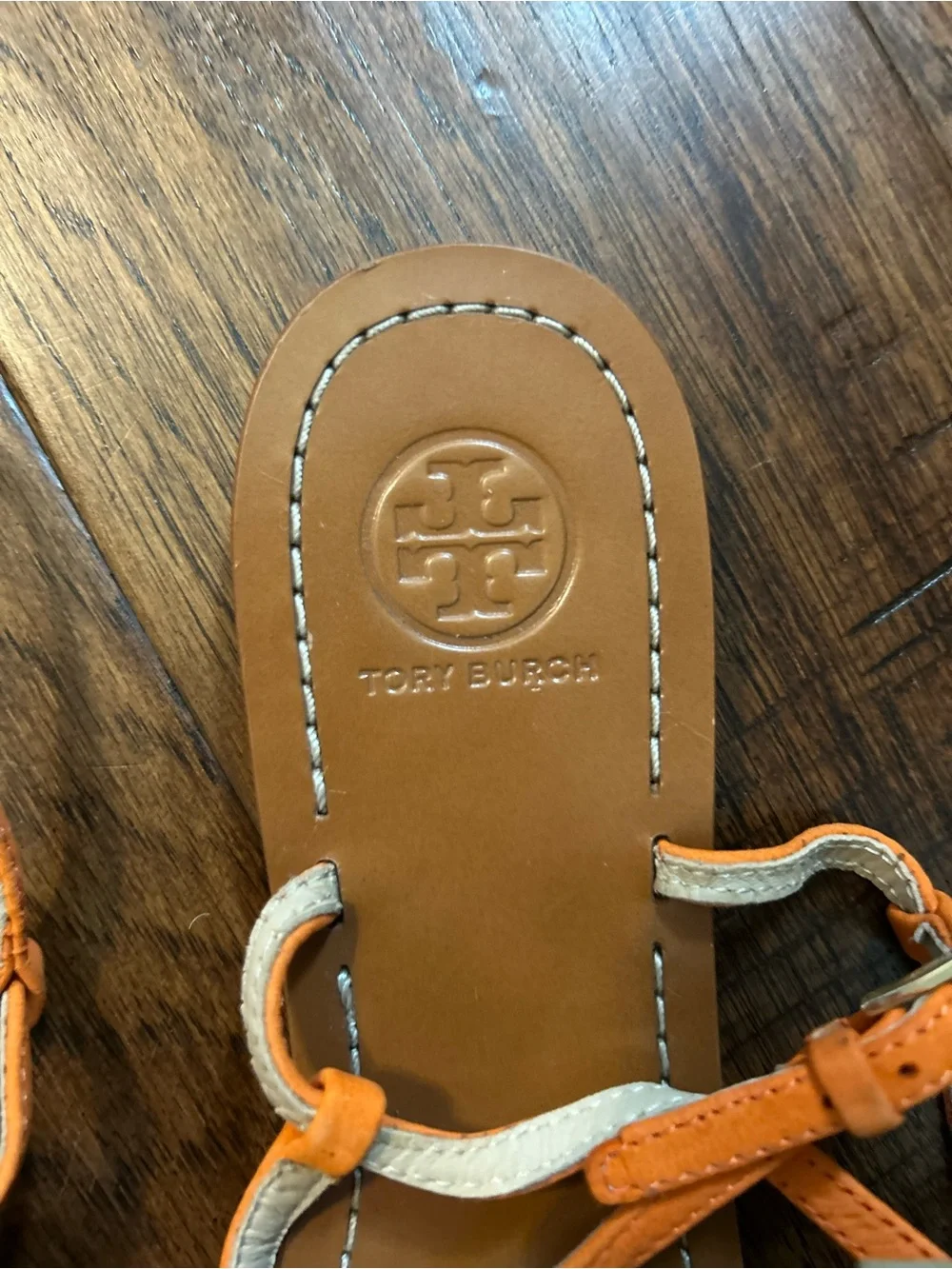Tory Burch Tan Leather Thong Sandals with Orange Straps & Green Palm Appliqués